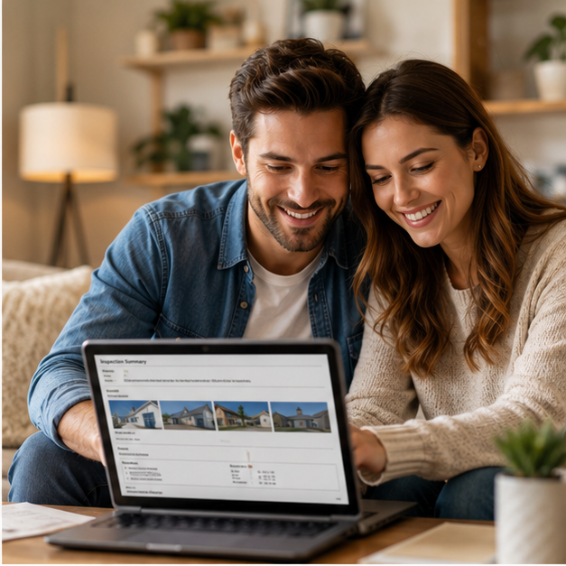 Couple smiling reviewing home inspection report on laptop