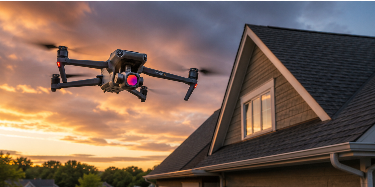 DJI Mavic drone with thermal imaging at sunset over a home roof