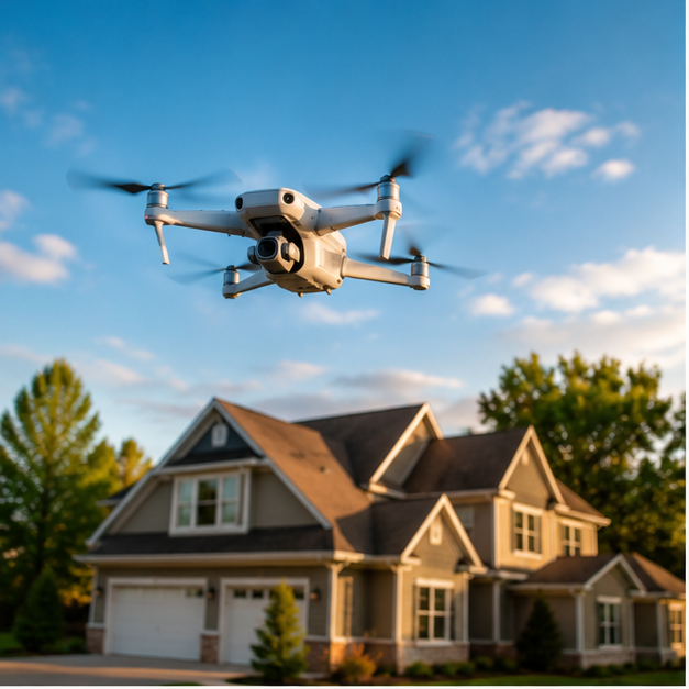 Mavic drone hovering above charming Minnesota home at golden hour