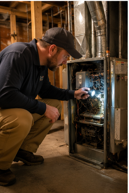 Inspector examining basement furnace with flashlight