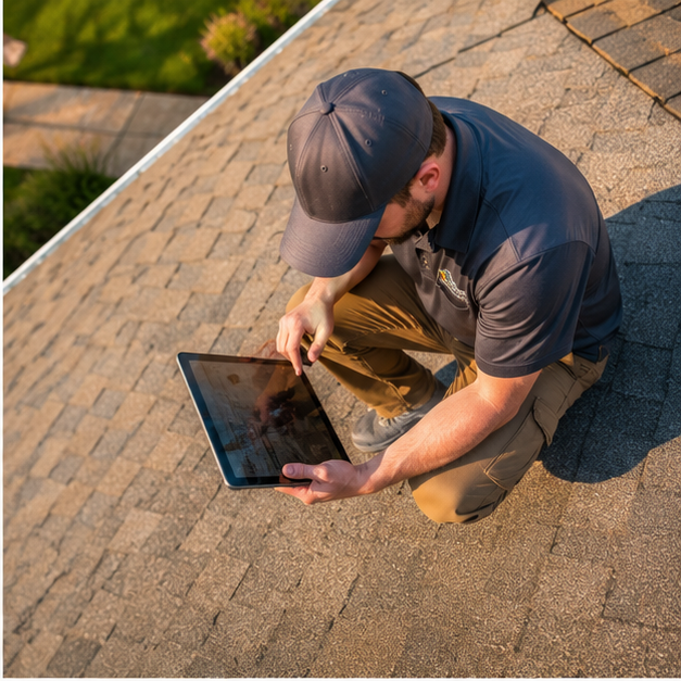 Home inspector on roof documenting shingles with tablet