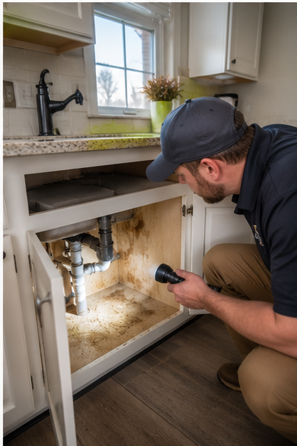 Inspector finding moisture stain under kitchen sink