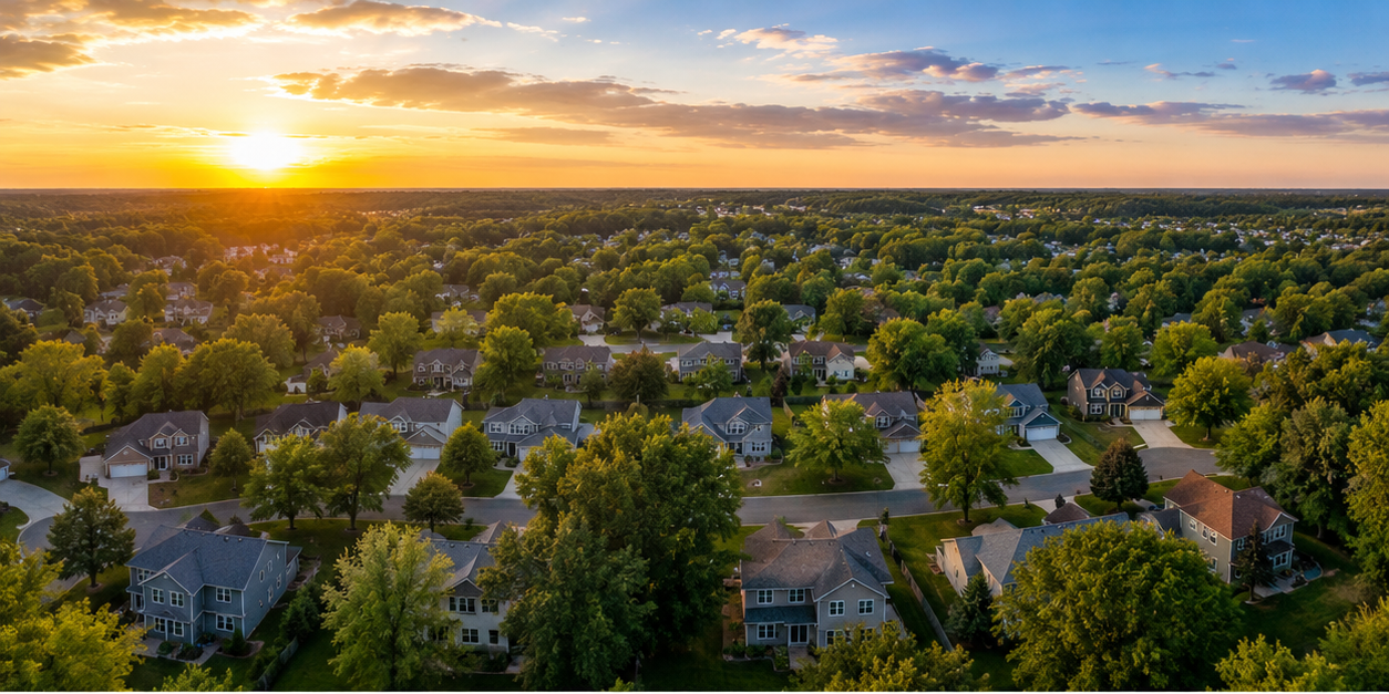 Aerial view of Southern Minnesota neighborhood at sunset