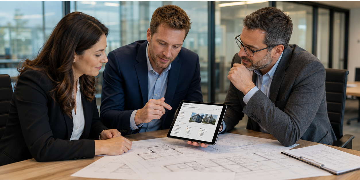 Professional team reviewing commercial building inspection